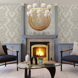 Tapet Vinil Superlavabil, tratat UV, Antibacterian, Ignifug, model Damasc, Alb, rola 10.6mp