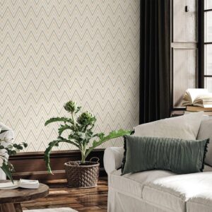 Tapet Vinil Superlavabil 3D, Model Geometric, Crem cu Accente Argintii, UV, Antibacterian, Ignifug, Rolă 10.6 mp